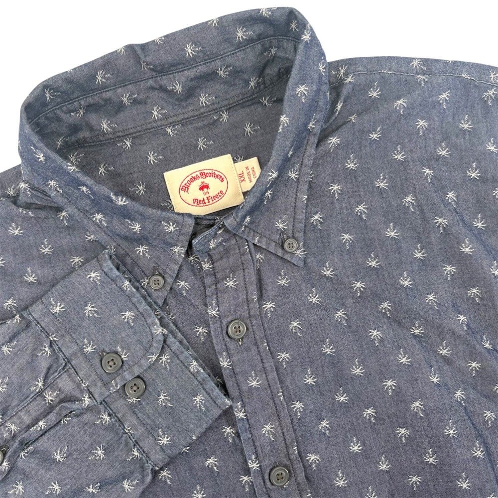 Brooks Brothers Red Fleece Mens XXL Navy Blue Palm Tree Print Button Down Shirt